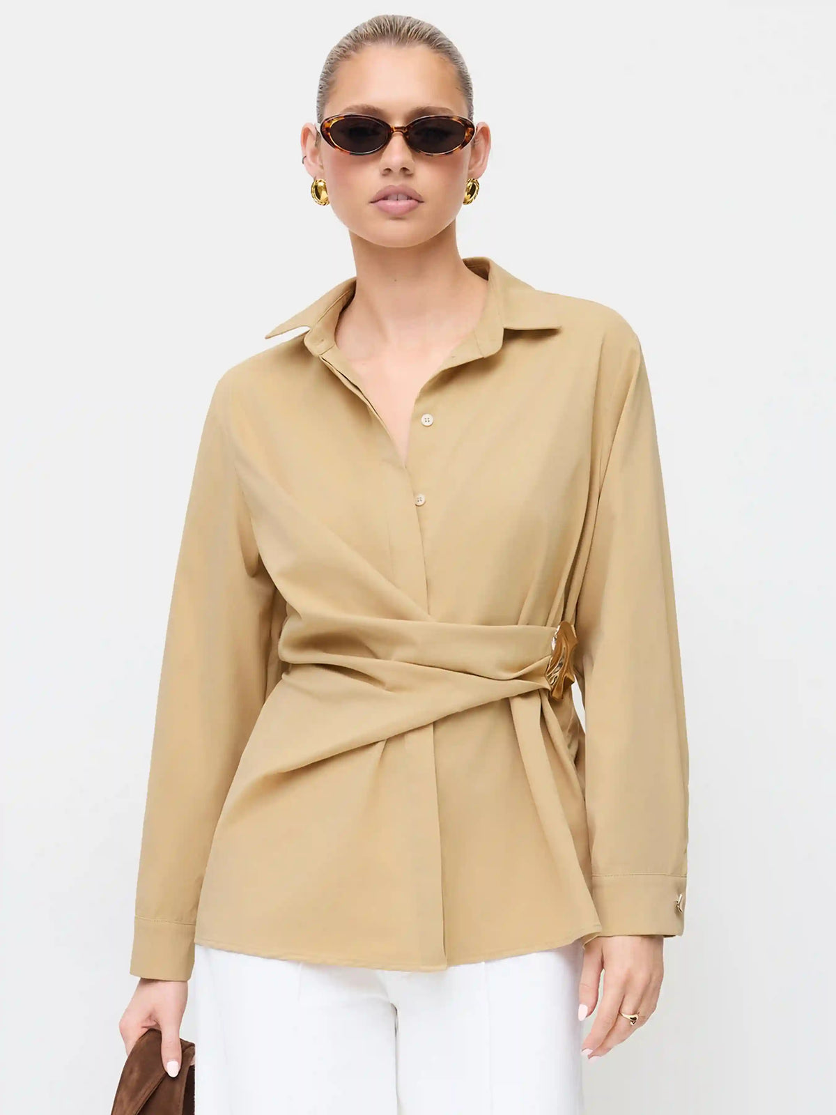Collar Long Sleeve Metal Detail Knotted Blouse