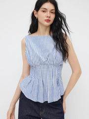 Cotton-blend Boat Neck Stripe Pleated Tank Top