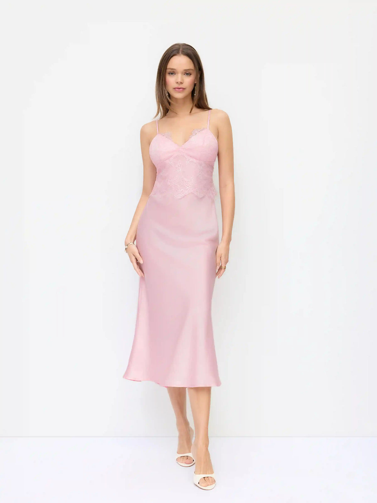 Satin V-neck Lace Panel Mermaid Cami Maxi Dress
