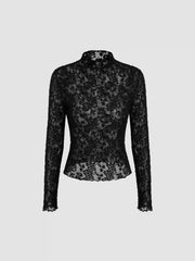 Lace High Neck Lettuce Trim Long Sleeve Top