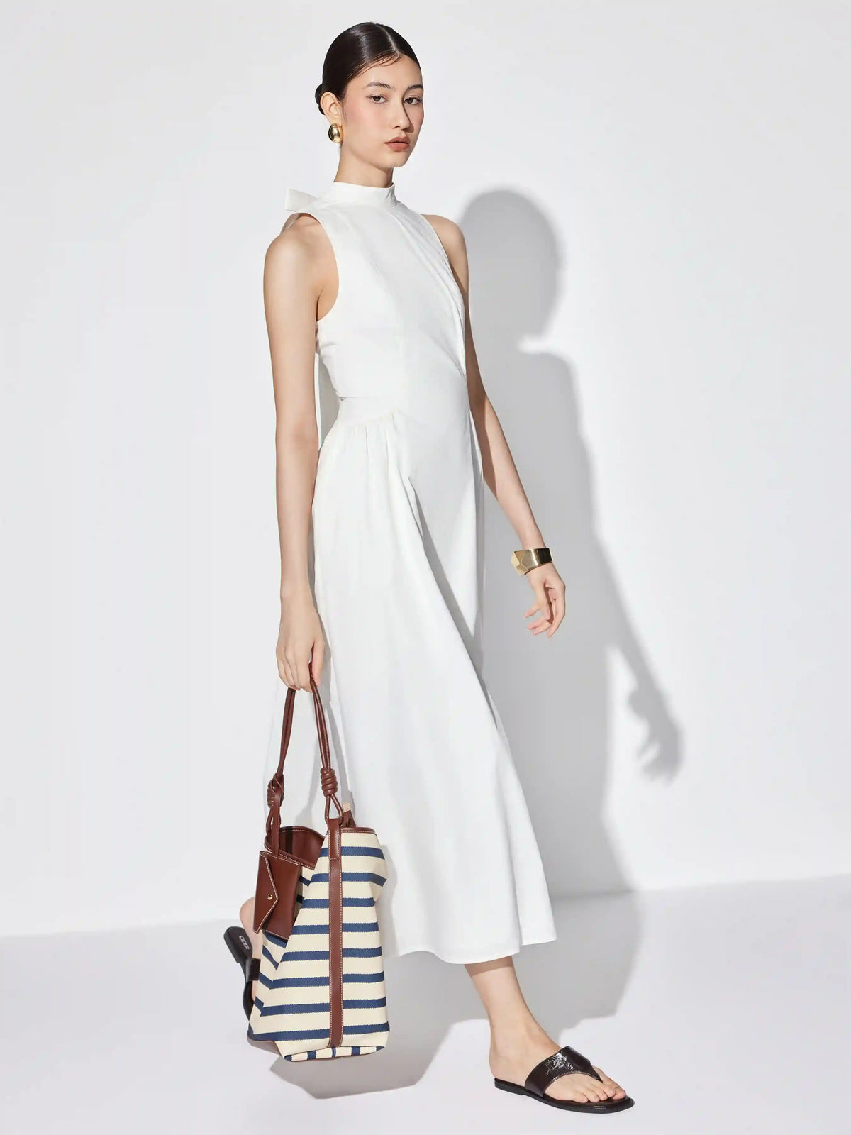 Cotton High Neck Backless Bowknot A-line Maxi Dress