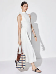 Cotton High Neck Backless Bowknot A-line Maxi Dress