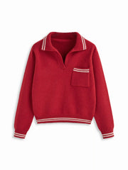 Knit Polo V-neck Long Sleeve Contrasting Binding Oversized Sweater