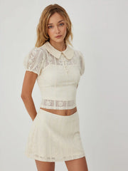 Cotton-blend Lace Peter Pan Collar Top & Mid Rise Mini Skirt Set