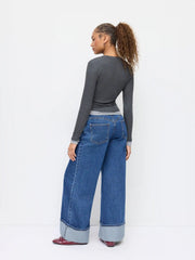 Cider Denim Mid Rise Button Roll Hem Wide Leg Jeans