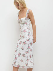 Lace Floral Knotted Ruffle Midi Dress