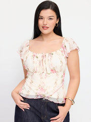 Chiffon Floral Square Neck Twist Knotted Ruffle Sleeve Crop Top Curve & Plus
