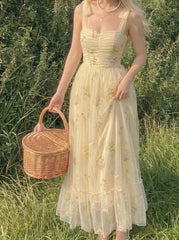 Mesh Square Neck Embroidery Floral Knotted Maxi Dress