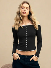 Off-shoulder Long Sleeve Lace Trim Button Front Top