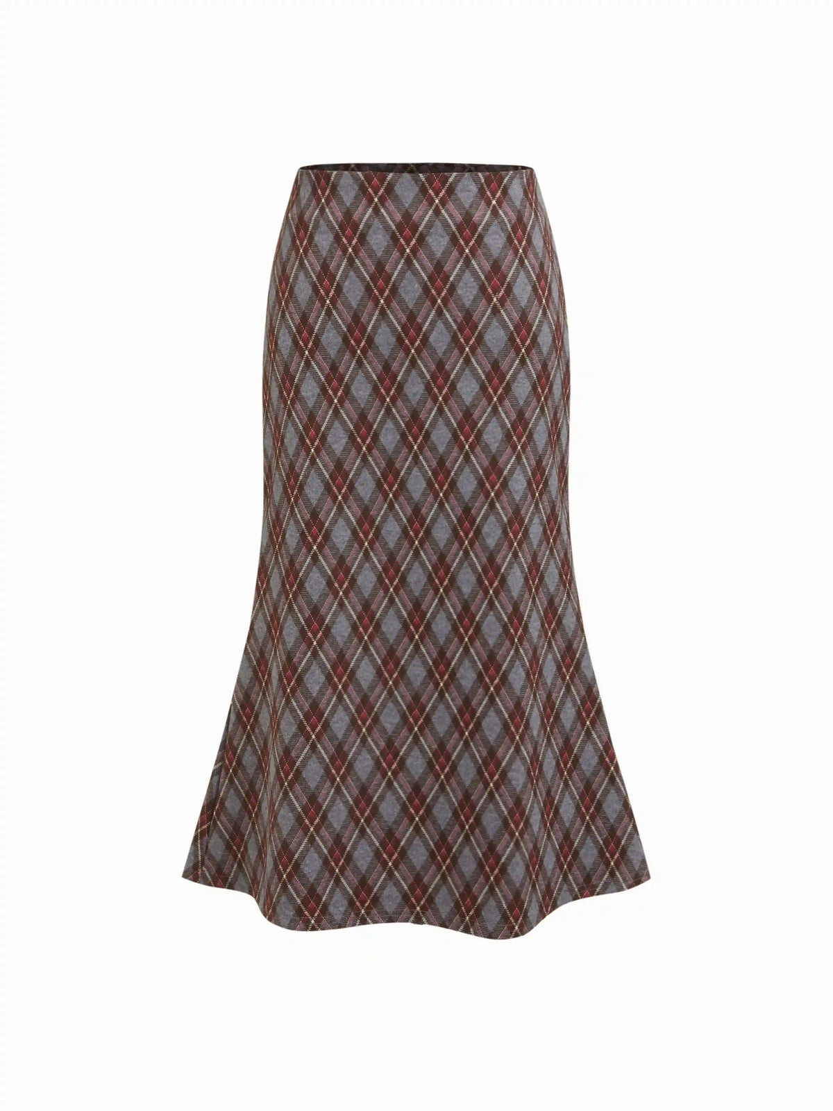 Mid Rise Plaid Half Zip Pencil Midi Skirt