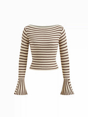 Knit Boat Neck Stripe Long Sleeve Crop Top