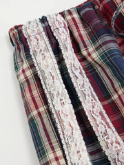 Cotton-blend High Rise Plaid Side Striped Lace Wide Leg Trousers