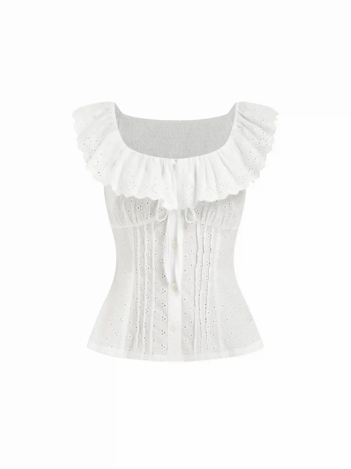 Cotton-blend Square Neck See-Through Broderie Anglaise Button Blouse