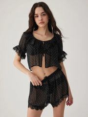 Chiffon Polka Dot  Lace Trim Ruffled Crop Top & Shorts Loungewear Set