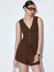 Textured V-neck Metal Detail Top & Mid Rise Drawstring Shorts Set