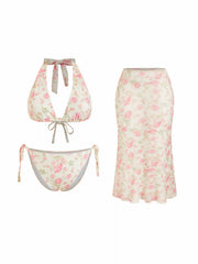 Halter Neckline Floral Tie Side Bikini Set With Skirt Curve & Plus