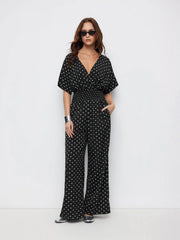 Chiffon V-neck Ruched Cloak Sleeve Oversized Jumpsuit