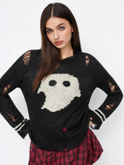 Knit Ghost Pattern Stripe Ripped Oversized Top