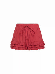 Square Neck Ruffled Top & Low Rise Embroidery Ruffle Hem Mini Skirt Set