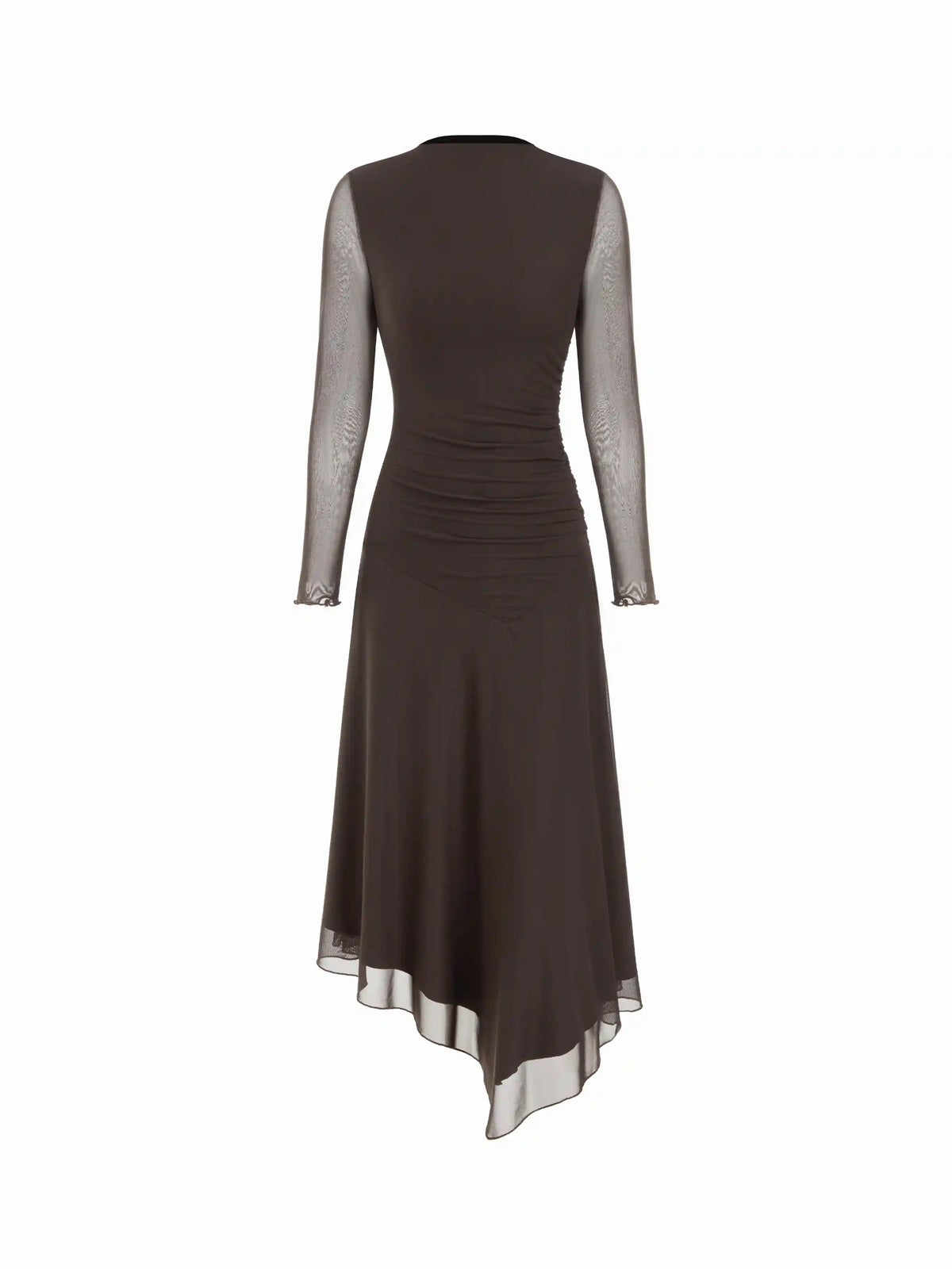 Mesh Stand Collar Ruched Lettuce Trim Maxi Dress