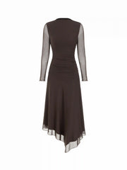 Mesh Stand Collar Ruched Lettuce Trim Maxi Dress
