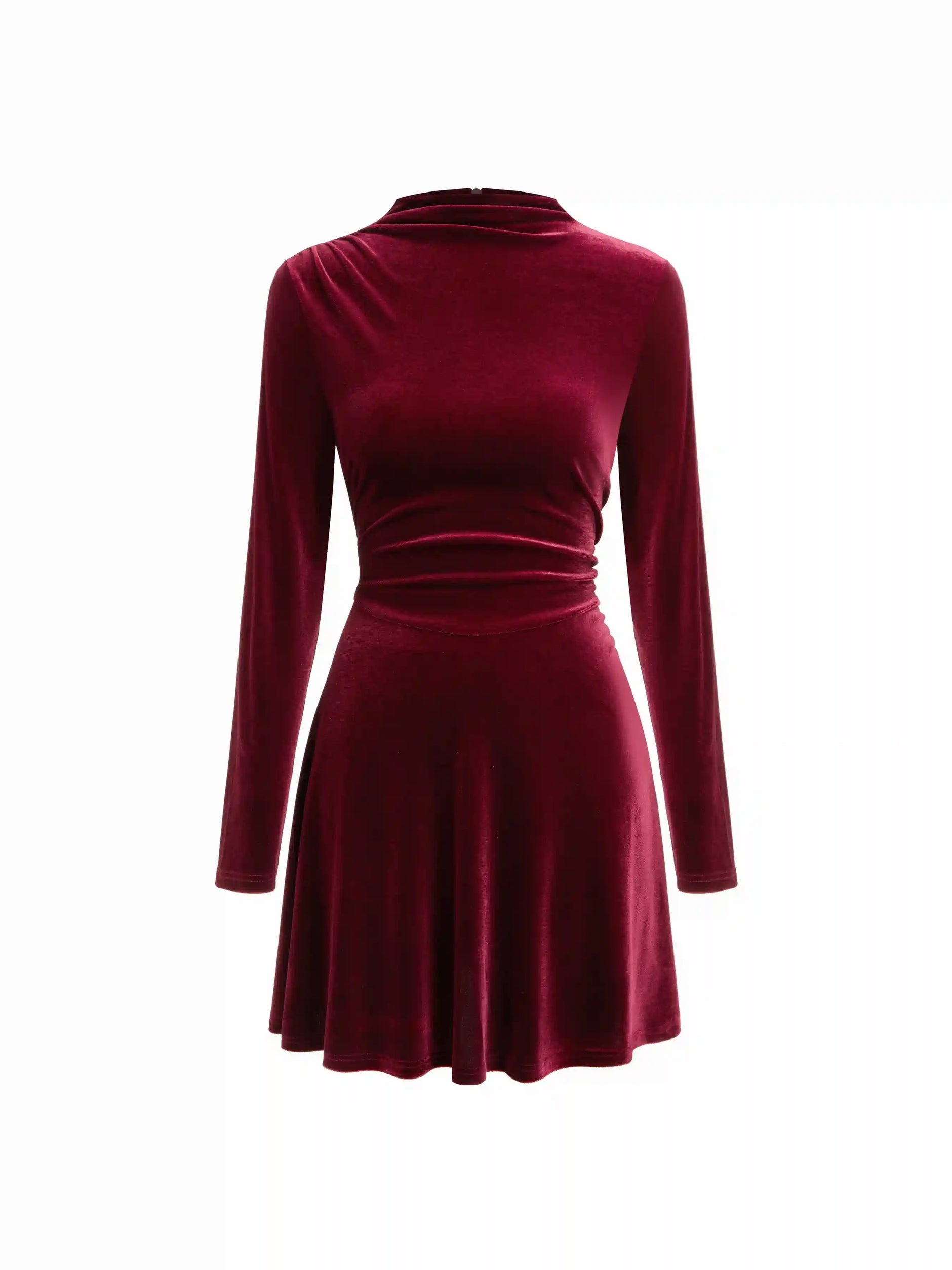 Velvet Stand Collar Ruched Zipper Mini Dress
