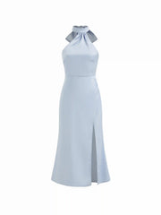 Satin Halter Neckline Split Knotted Maxi Dress