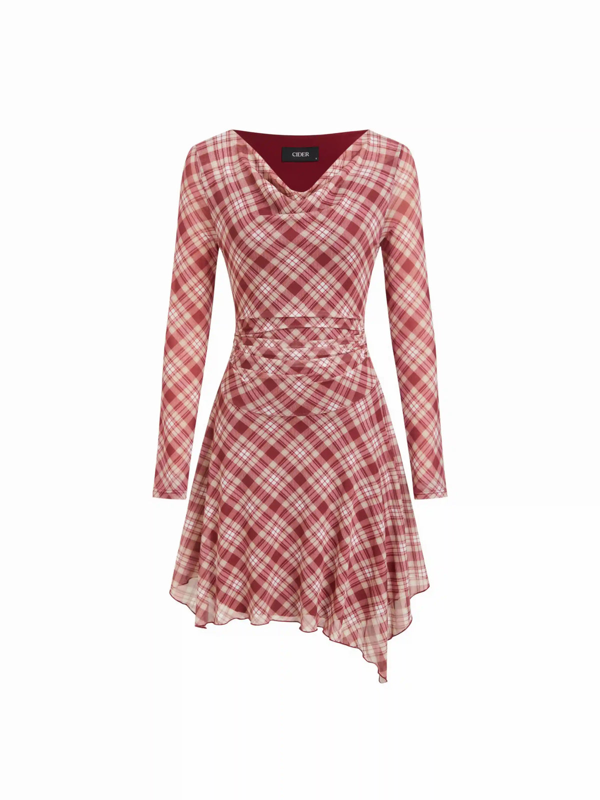 Jersey Plaid Cowl Neck Ruched Ruffle Hem Mini Babydoll Dress