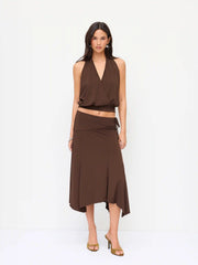 Halter Neckline Top & Low Rise Asymmetrical Hem Flared Midi Skirt Set