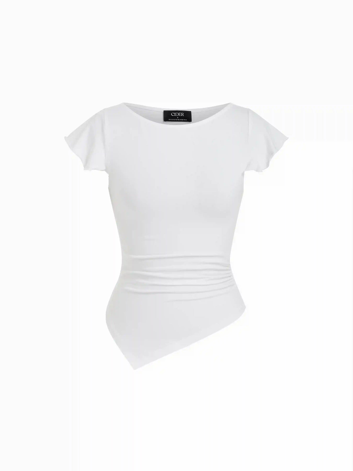 Cotton-blend Boat Neck Ruffle Sleeve Ruched Asymmetrical Hem Tee