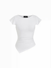 Cotton-blend Boat Neck Ruffle Sleeve Ruched Asymmetrical Hem Tee