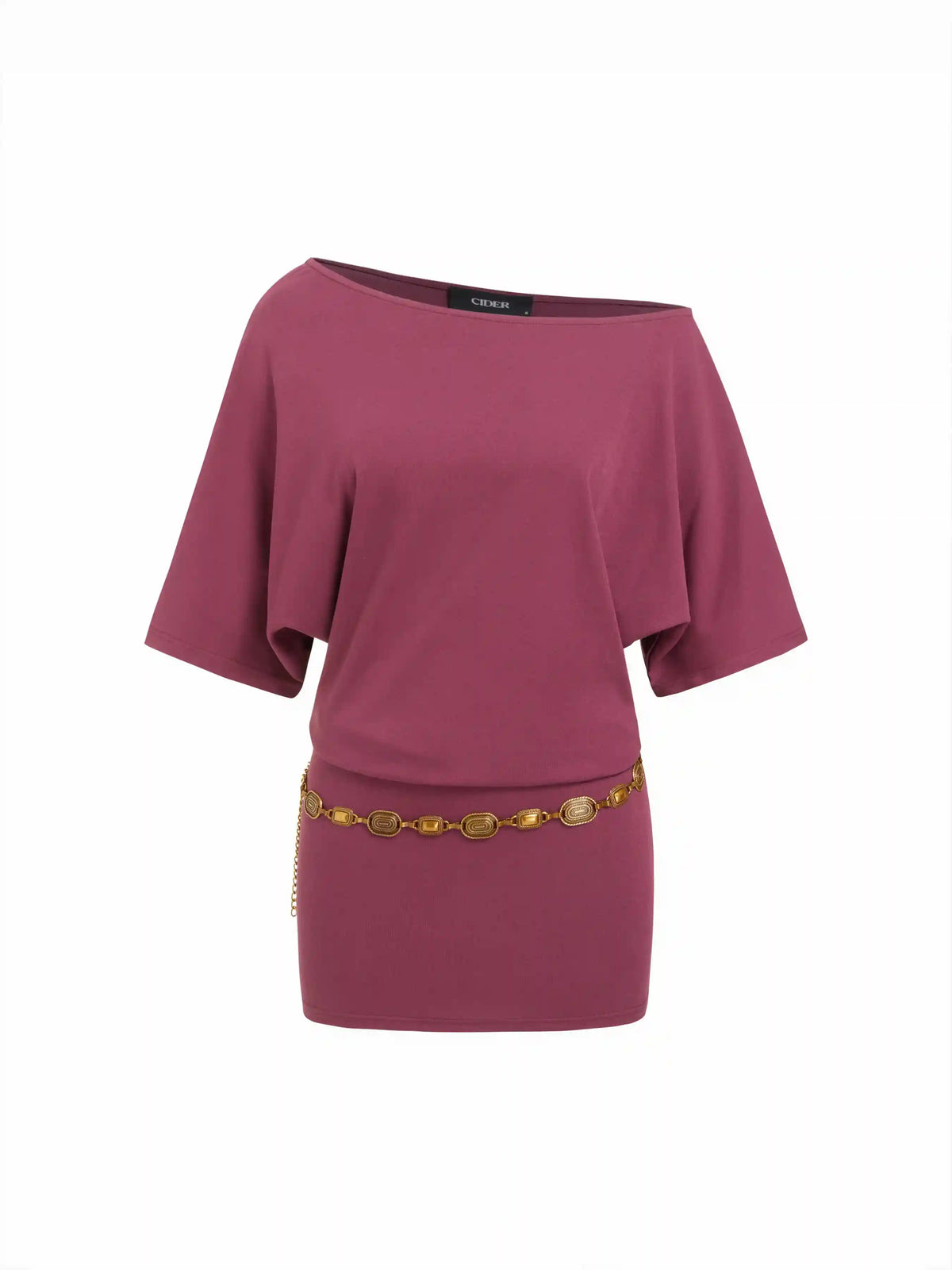 Oversized Off-Shoulder Belted Mini Dress With Chain Detail