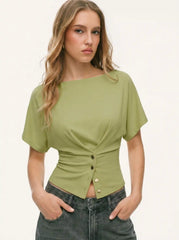 Batwing Sleeve Boat Neck Button Detail Tee