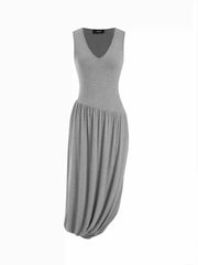Viscose Blend V-neck Draped Bubble Hem Cocoon Midi Dress