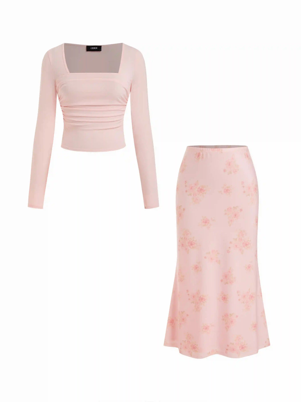 Square Neck Ruched Top & Floral Mermaid Maxi Skirt Set