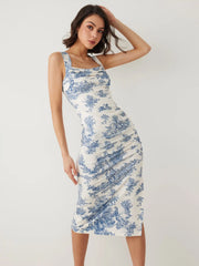 Toile de Jouy Ruched Split Maxi Dress