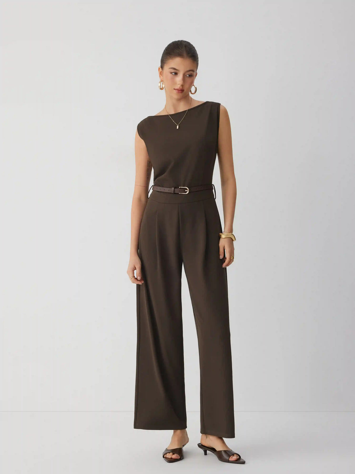 Boat Neck Mid Rise Straight Leg Jumpsuit With Belt