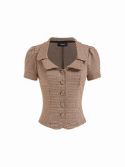 Jacquard Houndstooth Button Short Sleeve Blouse