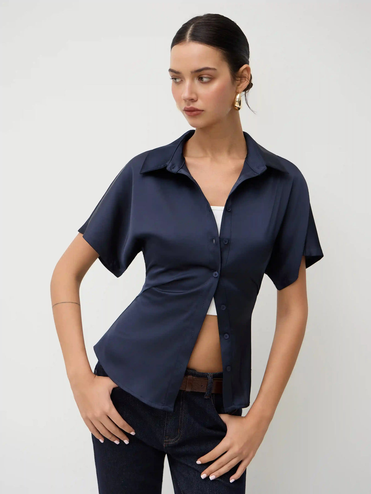 Satin Polo Button Up Cinched Waist Shirt
