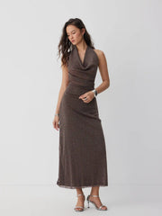 Metallic Cowl Neck High Rise Straight Maxi Dress
