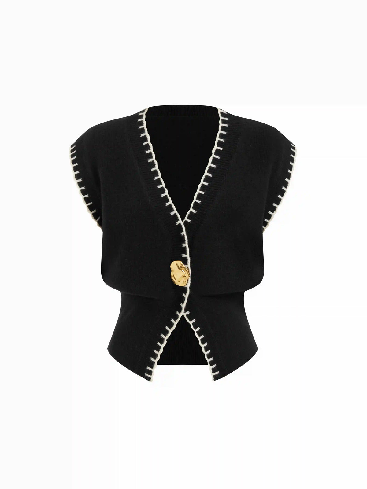 Knit Collarless Contrasting Binding Metal Detail Vest