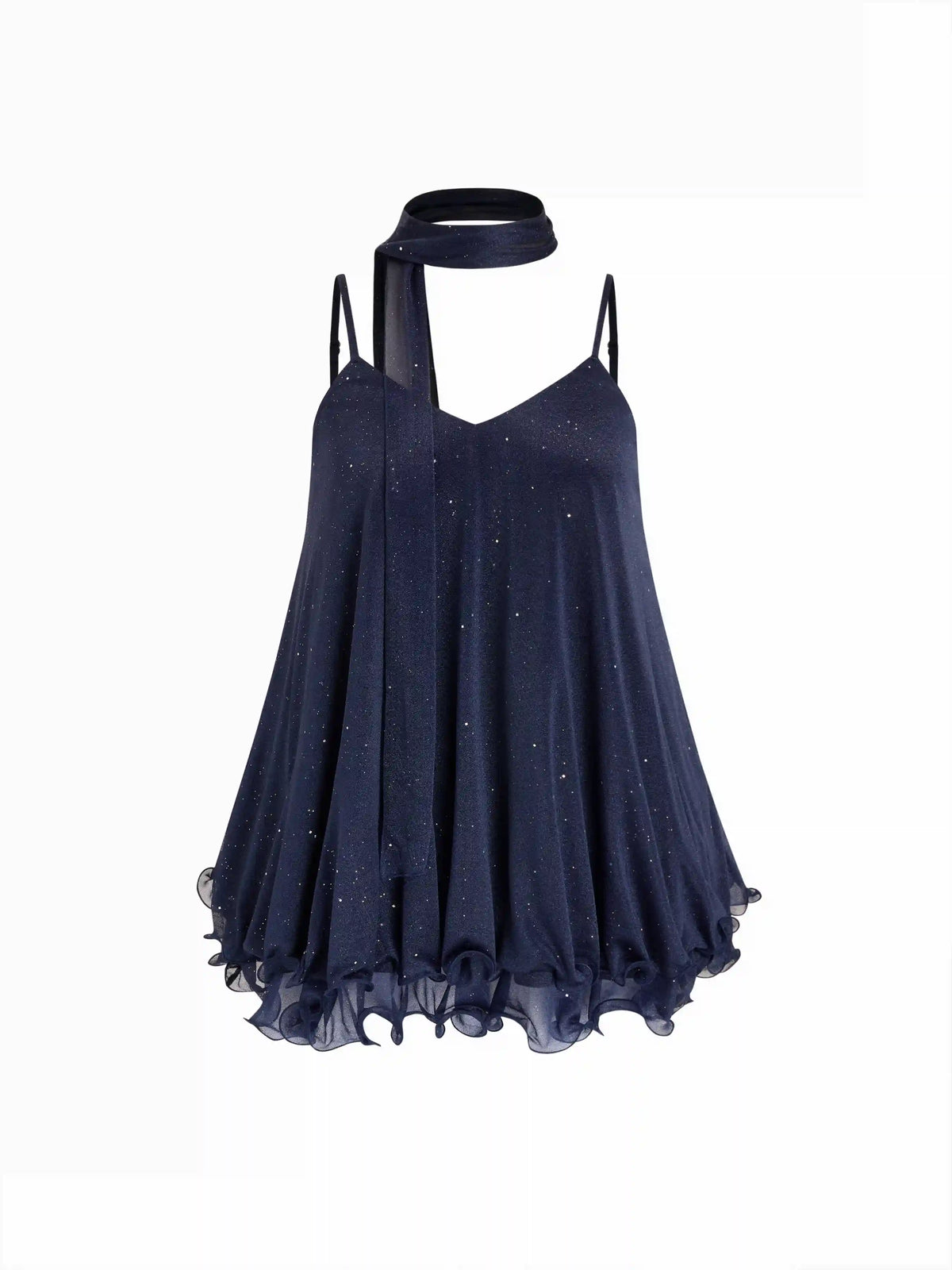 Sequin V-Neck Halter Ruffled Hem Oversized Mini Dress With Scarf Curve & Plus
