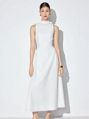Cotton High Neck Backless Bowknot A-line Maxi Dress