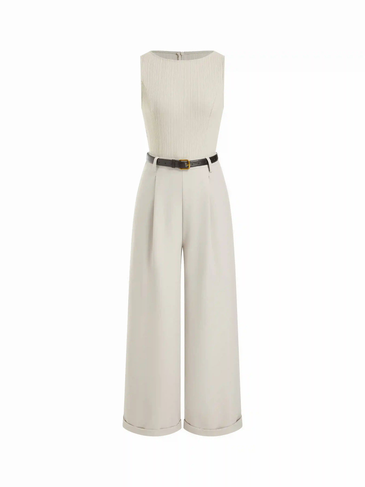 Textured Boat Neck Mid Rise Straight Leg Jumpsuit With Belt