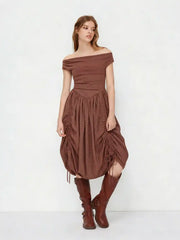 Cotton Off-Shoulder Plaid Draped Maxi Dress