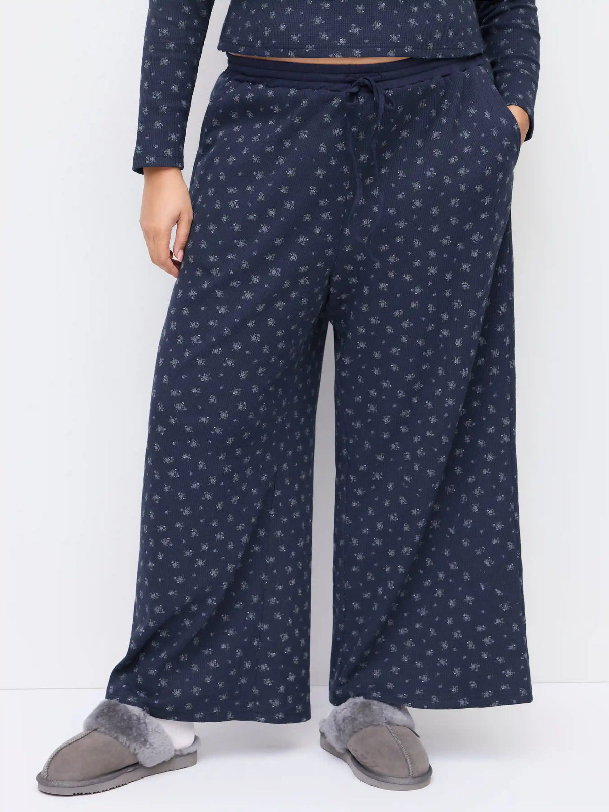Mid Rise Ditsy Floral Drawstring Straight Leg Trousers Curve & Plus