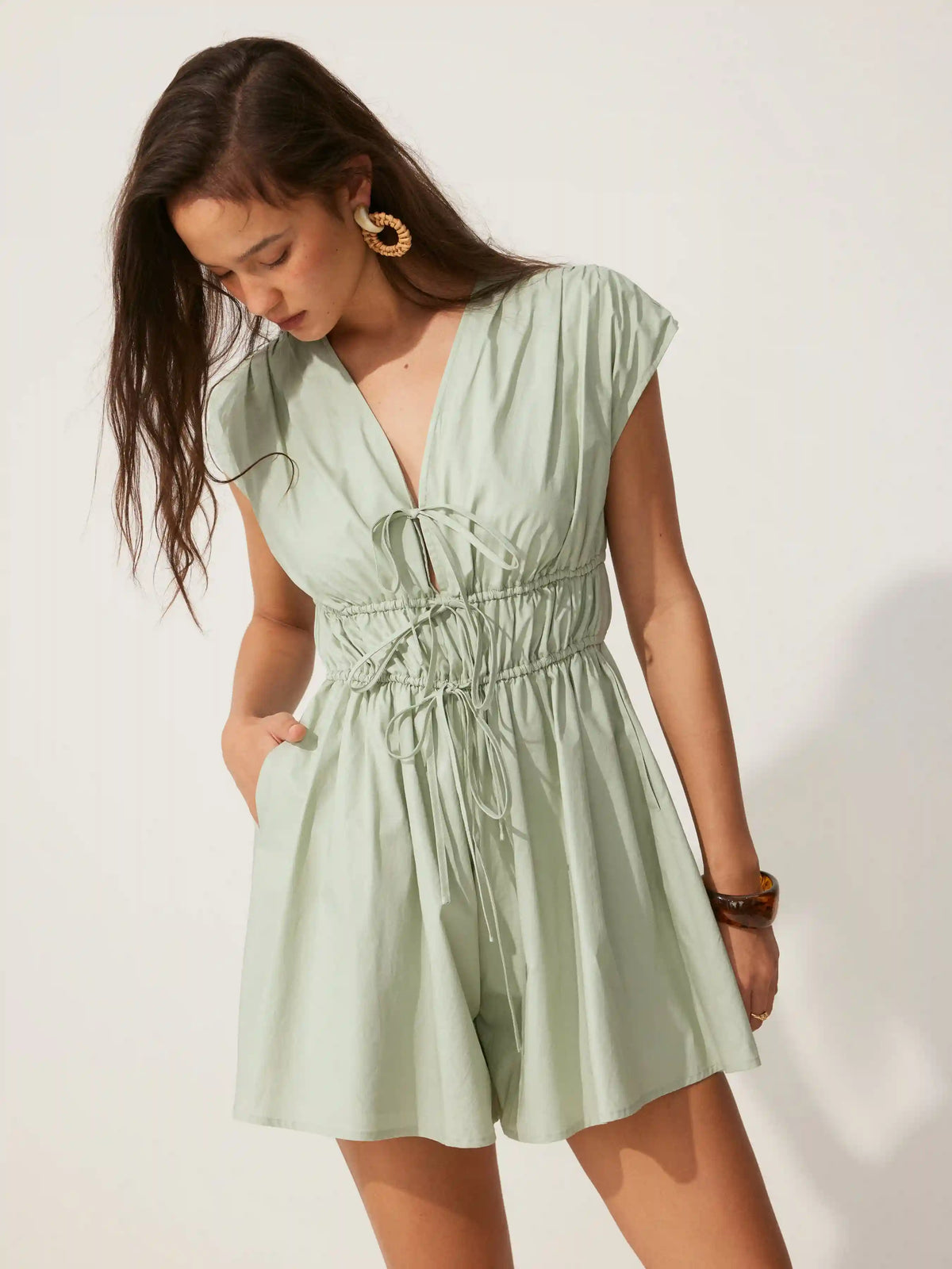 Cotton-blend V-neck Shirred Waist Mid Rise Romper