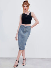 Cider Denim High Rise Rhinestone Split Maxi Skirt