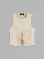 Linen-blend Round Neckline Solid Knotted Cut Out Top