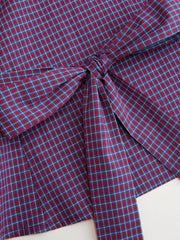 Cotton Plaid Stand Collar Puff Sleeve Tie Back Button Blouse